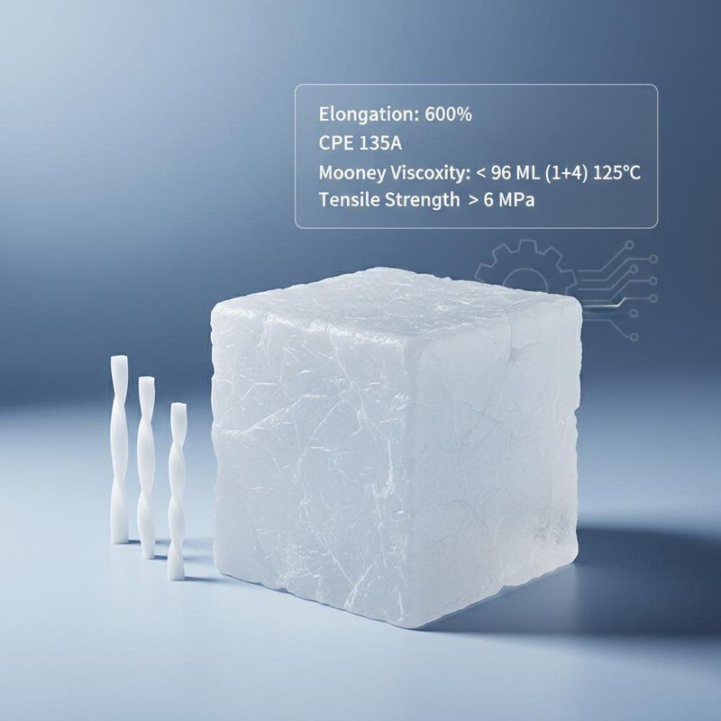 Elongation 600 percent CPE 135A featuring Mooney Viscosity below 96ML 1 plus 4 125 degrees Celsius and Tensile Strength above 6 megapascals suitable for manufacturing processes